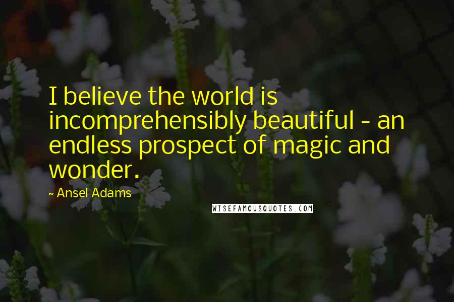 Ansel Adams Quotes: I believe the world is incomprehensibly beautiful - an endless prospect of magic and wonder.