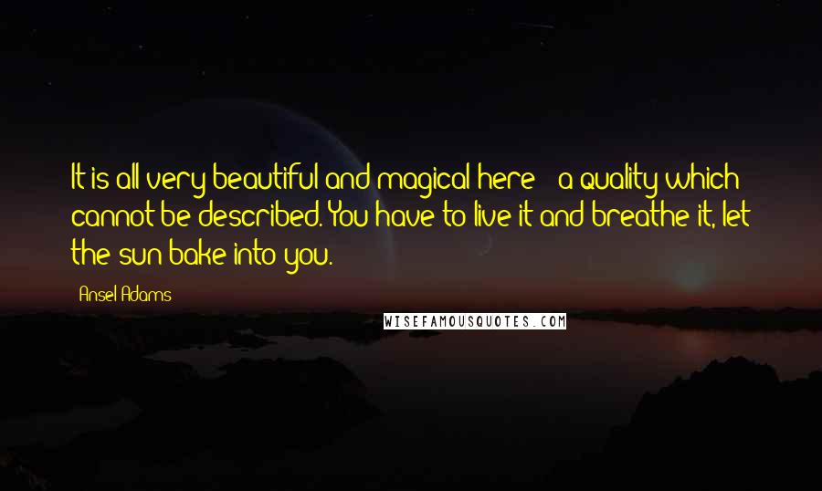 Ansel Adams Quotes: It is all very beautiful and magical here - a quality which cannot be described. You have to live it and breathe it, let the sun bake into you.