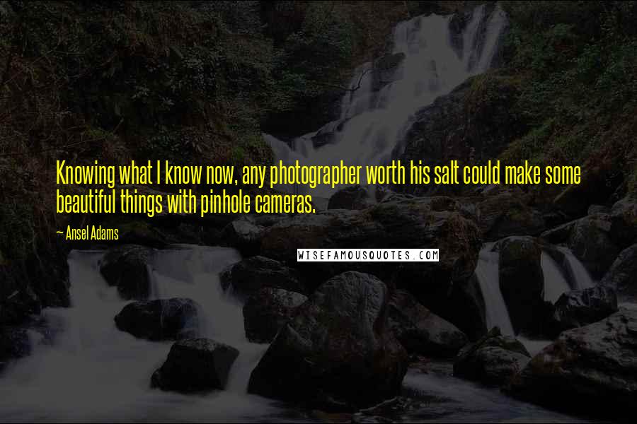 Ansel Adams Quotes: Knowing what I know now, any photographer worth his salt could make some beautiful things with pinhole cameras.