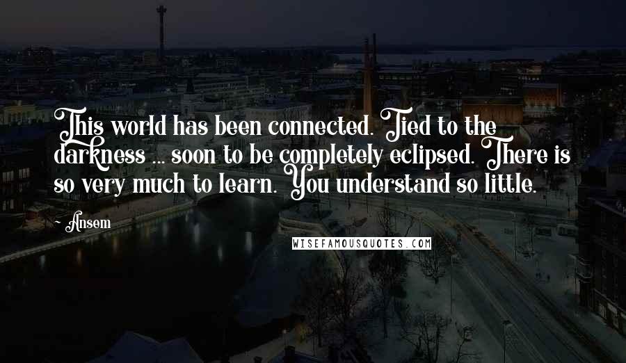 Ansem Quotes: This world has been connected. Tied to the darkness ... soon to be completely eclipsed. There is so very much to learn. You understand so little.