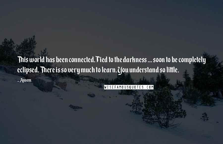 Ansem Quotes: This world has been connected. Tied to the darkness ... soon to be completely eclipsed. There is so very much to learn. You understand so little.