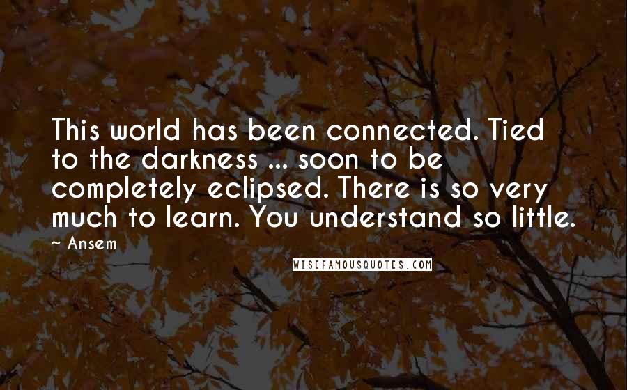 Ansem Quotes: This world has been connected. Tied to the darkness ... soon to be completely eclipsed. There is so very much to learn. You understand so little.