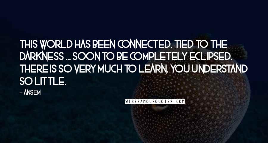 Ansem Quotes: This world has been connected. Tied to the darkness ... soon to be completely eclipsed. There is so very much to learn. You understand so little.