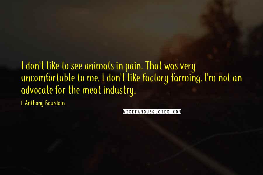 Anthony Bourdain Quotes: I don't like to see animals in pain. That was very uncomfortable to me. I don't like factory farming. I'm not an advocate for the meat industry.