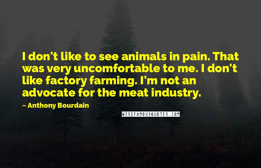 Anthony Bourdain Quotes: I don't like to see animals in pain. That was very uncomfortable to me. I don't like factory farming. I'm not an advocate for the meat industry.