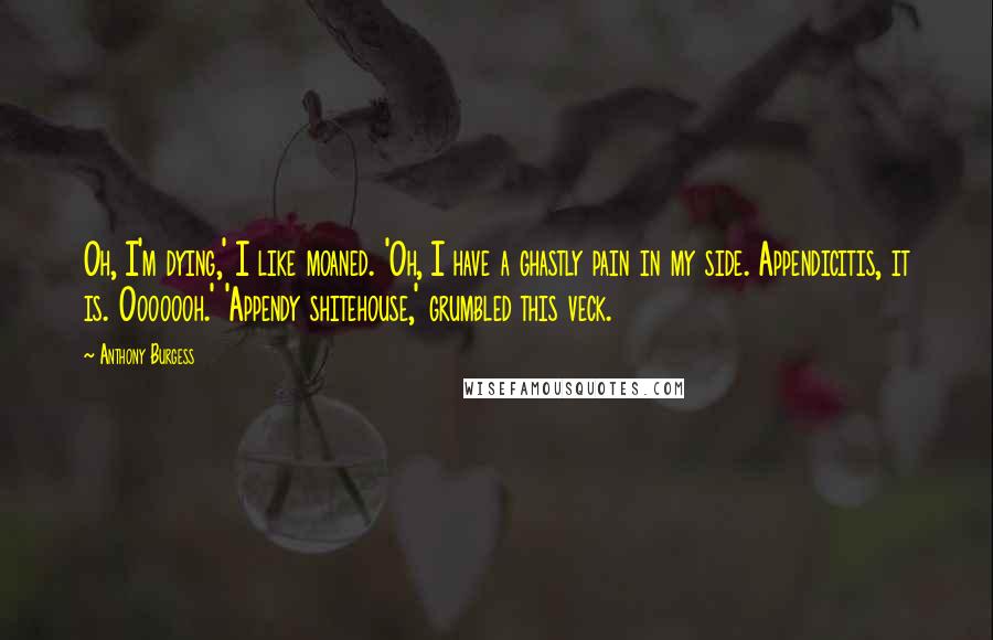 Anthony Burgess Quotes: Oh, I'm dying,' I like moaned. 'Oh, I have a ghastly pain in my side. Appendicitis, it is. Ooooooh.' 'Appendy shitehouse,' grumbled this veck.