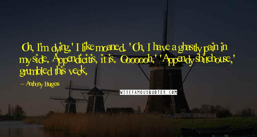 Anthony Burgess Quotes: Oh, I'm dying,' I like moaned. 'Oh, I have a ghastly pain in my side. Appendicitis, it is. Ooooooh.' 'Appendy shitehouse,' grumbled this veck.