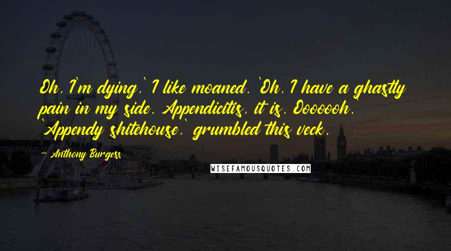 Anthony Burgess Quotes: Oh, I'm dying,' I like moaned. 'Oh, I have a ghastly pain in my side. Appendicitis, it is. Ooooooh.' 'Appendy shitehouse,' grumbled this veck.