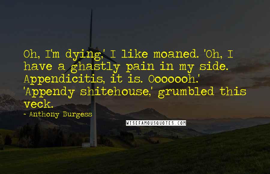 Anthony Burgess Quotes: Oh, I'm dying,' I like moaned. 'Oh, I have a ghastly pain in my side. Appendicitis, it is. Ooooooh.' 'Appendy shitehouse,' grumbled this veck.