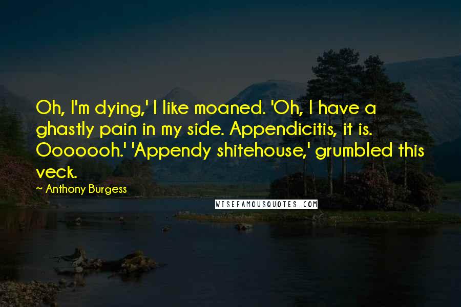 Anthony Burgess Quotes: Oh, I'm dying,' I like moaned. 'Oh, I have a ghastly pain in my side. Appendicitis, it is. Ooooooh.' 'Appendy shitehouse,' grumbled this veck.