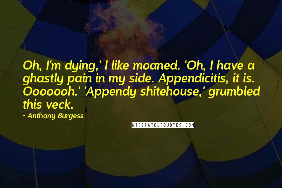 Anthony Burgess Quotes: Oh, I'm dying,' I like moaned. 'Oh, I have a ghastly pain in my side. Appendicitis, it is. Ooooooh.' 'Appendy shitehouse,' grumbled this veck.