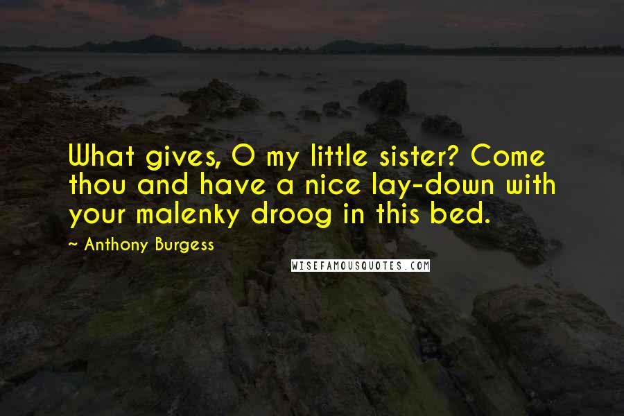 Anthony Burgess Quotes: What gives, O my little sister? Come thou and have a nice lay-down with your malenky droog in this bed.