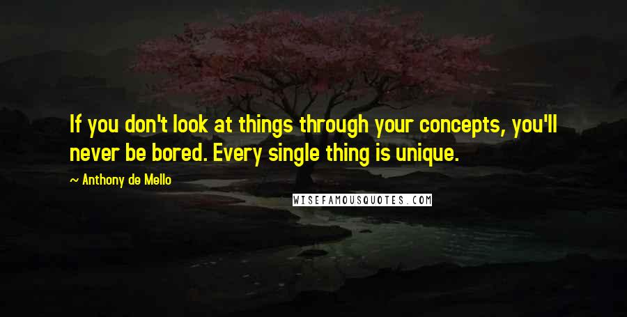 Anthony De Mello Quotes: If you don't look at things through your concepts, you'll never be bored. Every single thing is unique.