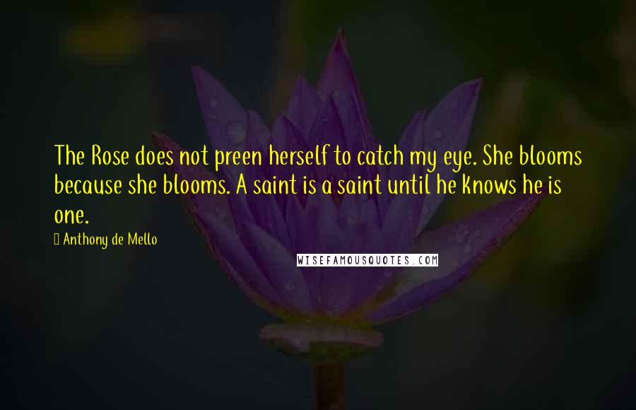 Anthony De Mello Quotes: The Rose does not preen herself to catch my eye. She blooms because she blooms. A saint is a saint until he knows he is one.