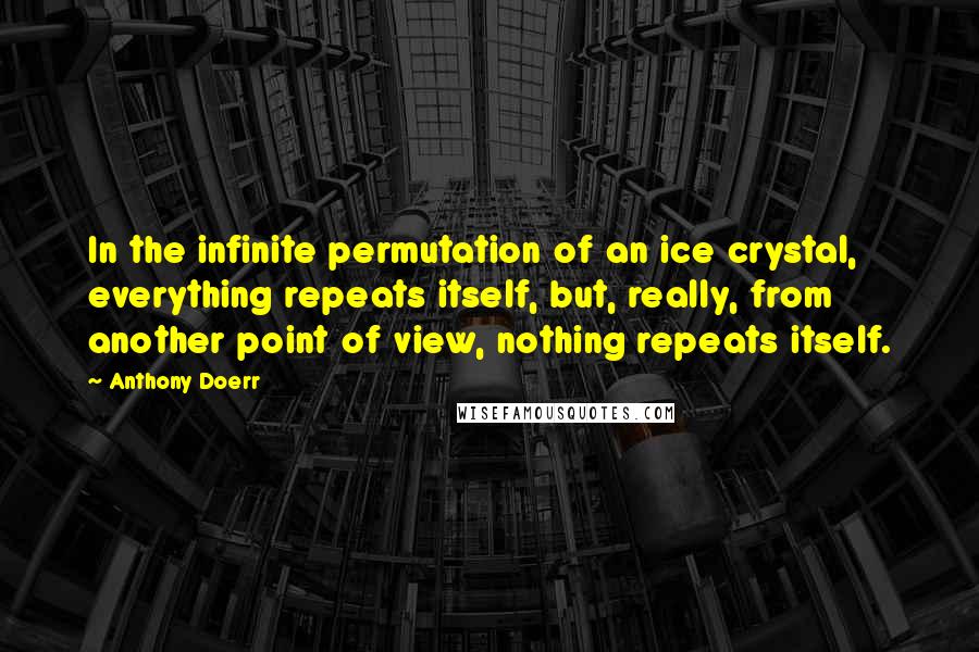 Anthony Doerr Quotes: In the infinite permutation of an ice crystal, everything repeats itself, but, really, from another point of view, nothing repeats itself.