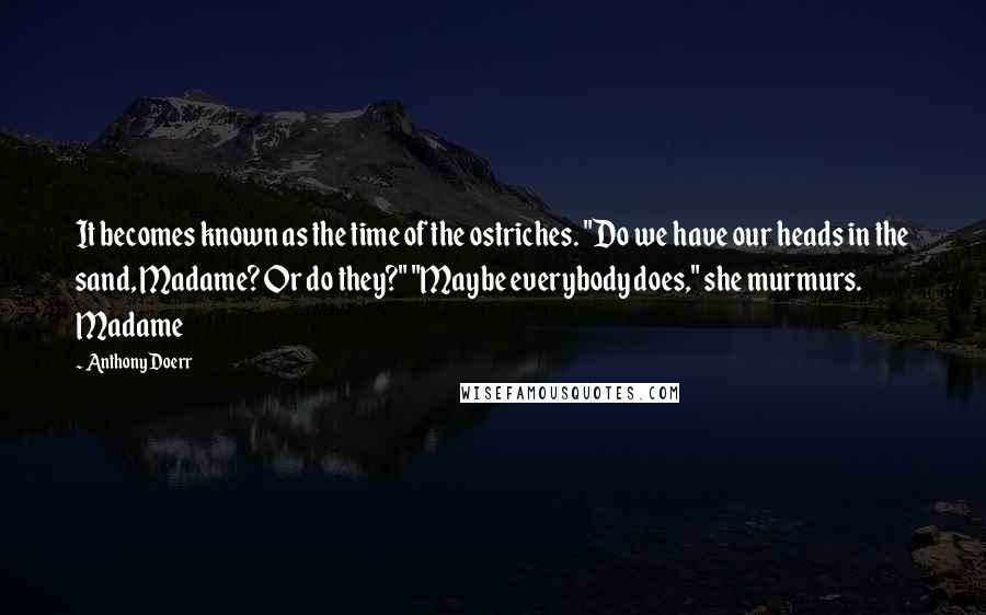 Anthony Doerr Quotes: It becomes known as the time of the ostriches. "Do we have our heads in the sand, Madame? Or do they?" "Maybe everybody does," she murmurs. Madame