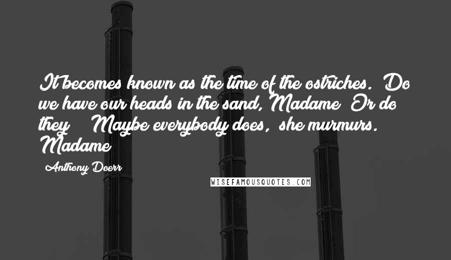 Anthony Doerr Quotes: It becomes known as the time of the ostriches. "Do we have our heads in the sand, Madame? Or do they?" "Maybe everybody does," she murmurs. Madame