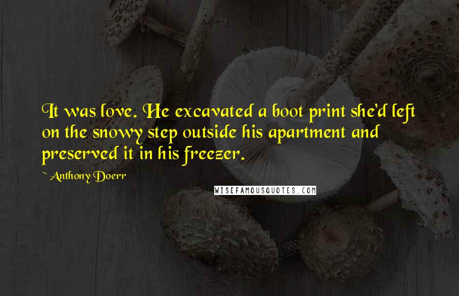 Anthony Doerr Quotes: It was love. He excavated a boot print she'd left on the snowy step outside his apartment and preserved it in his freezer.