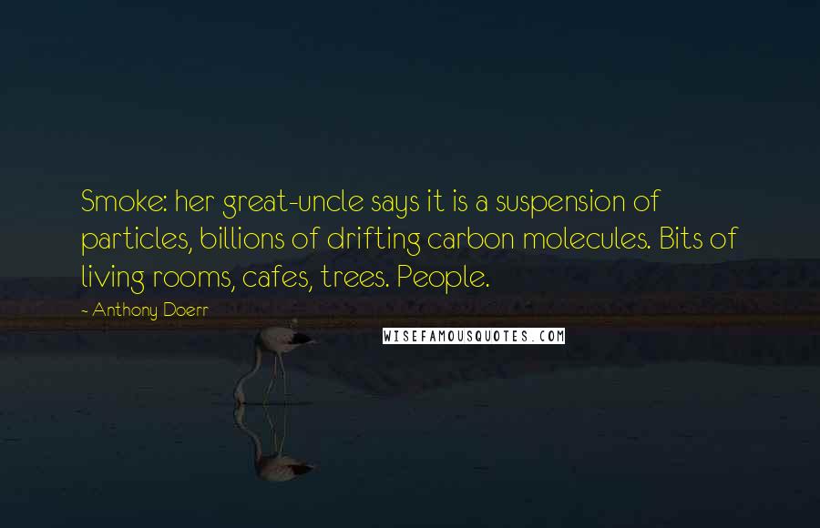 Anthony Doerr Quotes: Smoke: her great-uncle says it is a suspension of particles, billions of drifting carbon molecules. Bits of living rooms, cafes, trees. People.