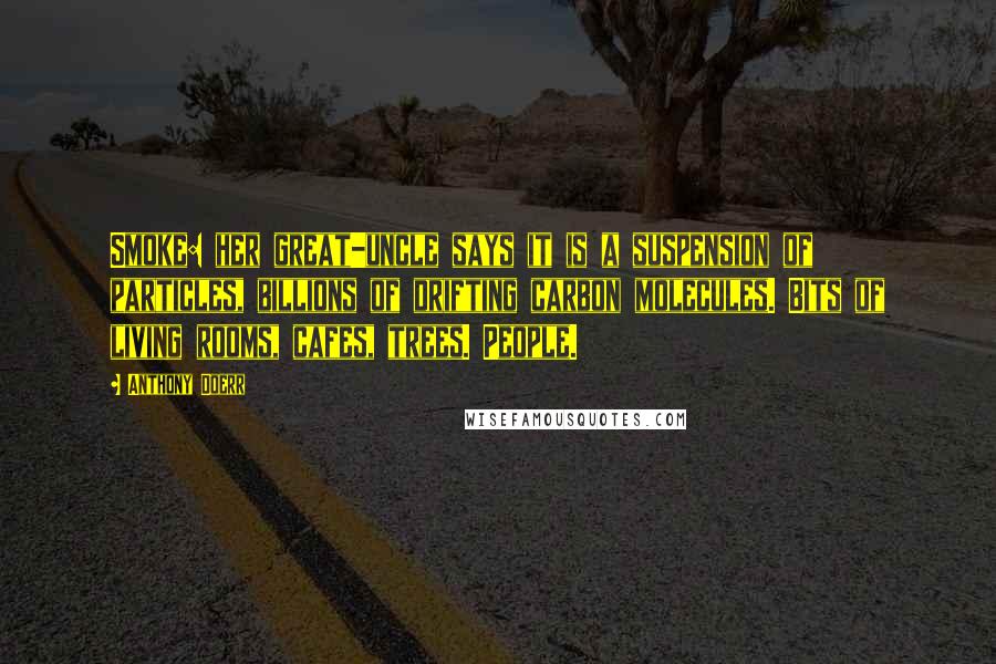 Anthony Doerr Quotes: Smoke: her great-uncle says it is a suspension of particles, billions of drifting carbon molecules. Bits of living rooms, cafes, trees. People.