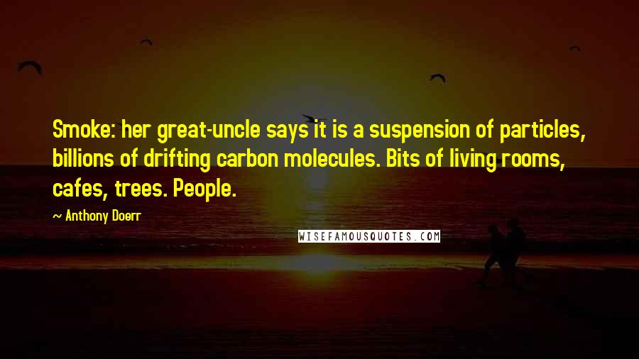 Anthony Doerr Quotes: Smoke: her great-uncle says it is a suspension of particles, billions of drifting carbon molecules. Bits of living rooms, cafes, trees. People.