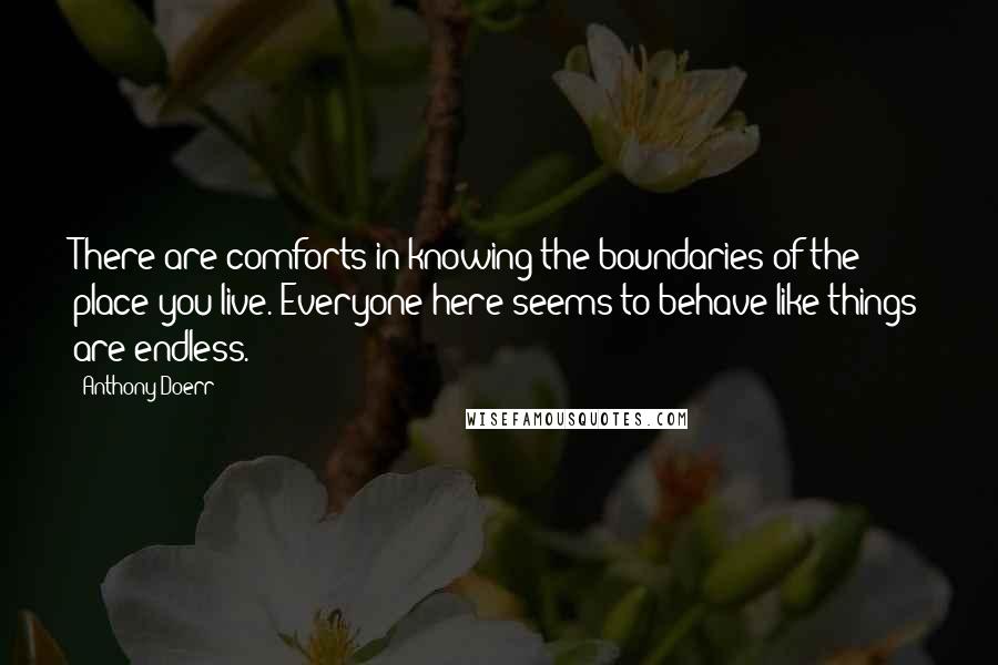 Anthony Doerr Quotes: There are comforts in knowing the boundaries of the place you live. Everyone here seems to behave like things are endless.