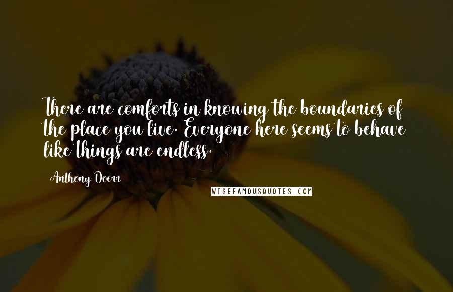 Anthony Doerr Quotes: There are comforts in knowing the boundaries of the place you live. Everyone here seems to behave like things are endless.