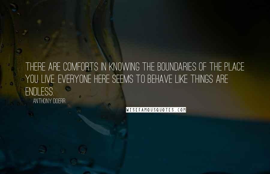 Anthony Doerr Quotes: There are comforts in knowing the boundaries of the place you live. Everyone here seems to behave like things are endless.