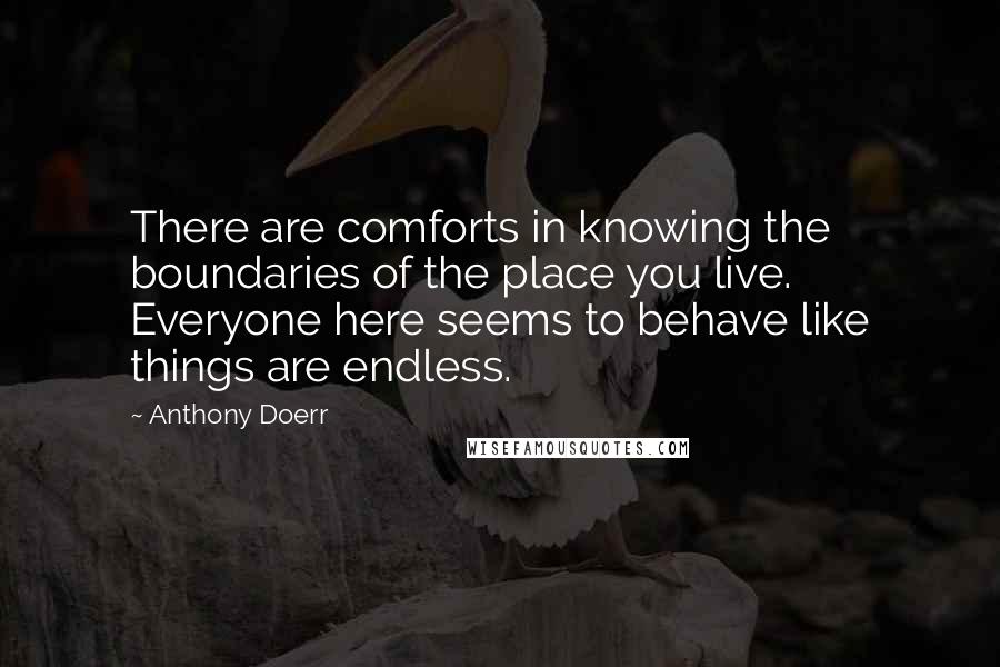 Anthony Doerr Quotes: There are comforts in knowing the boundaries of the place you live. Everyone here seems to behave like things are endless.