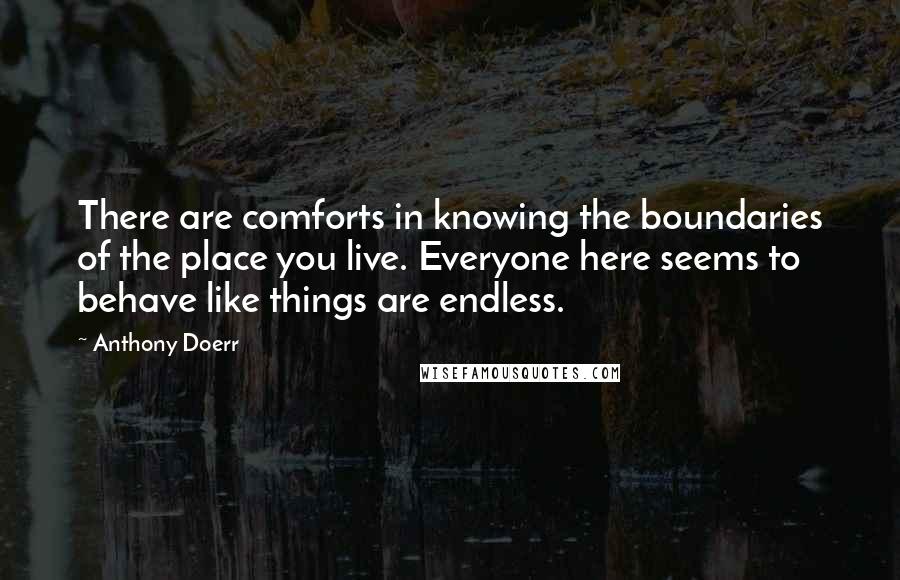 Anthony Doerr Quotes: There are comforts in knowing the boundaries of the place you live. Everyone here seems to behave like things are endless.