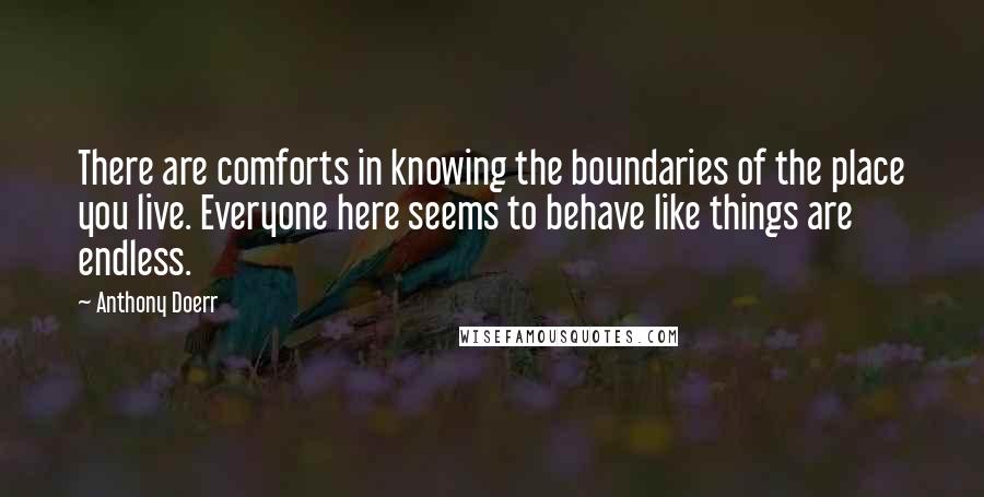 Anthony Doerr Quotes: There are comforts in knowing the boundaries of the place you live. Everyone here seems to behave like things are endless.