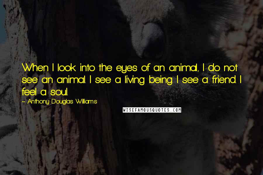 Anthony Douglas Williams Quotes: When I look into the eyes of an animal, I do not see an animal. I see a living being. I see a friend. I feel a soul.