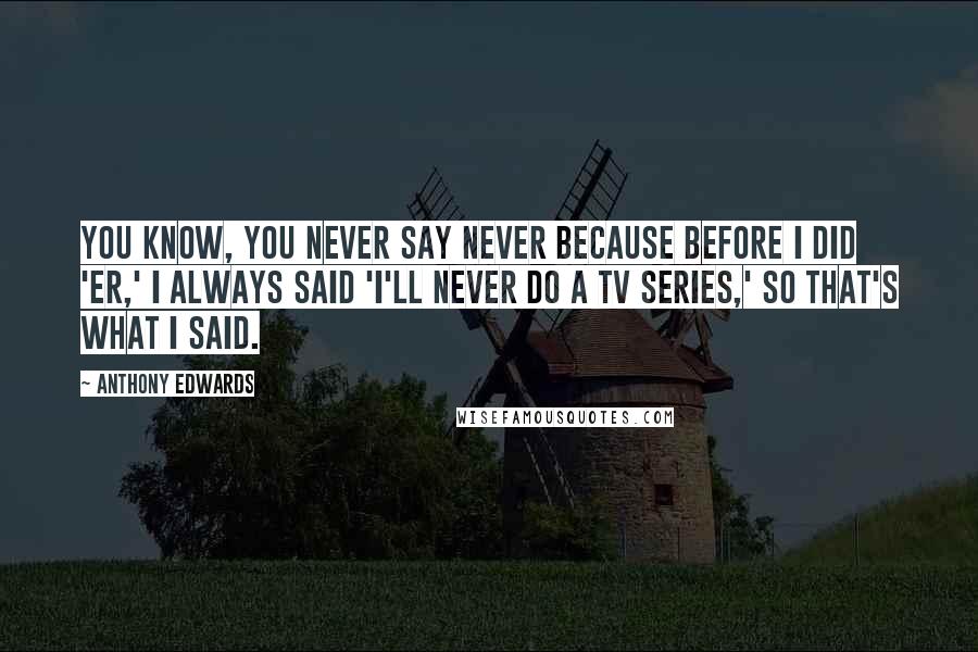 Anthony Edwards Quotes: You know, you never say never because before I did 'ER,' I always said 'I'll never do a TV series,' so that's what I said.