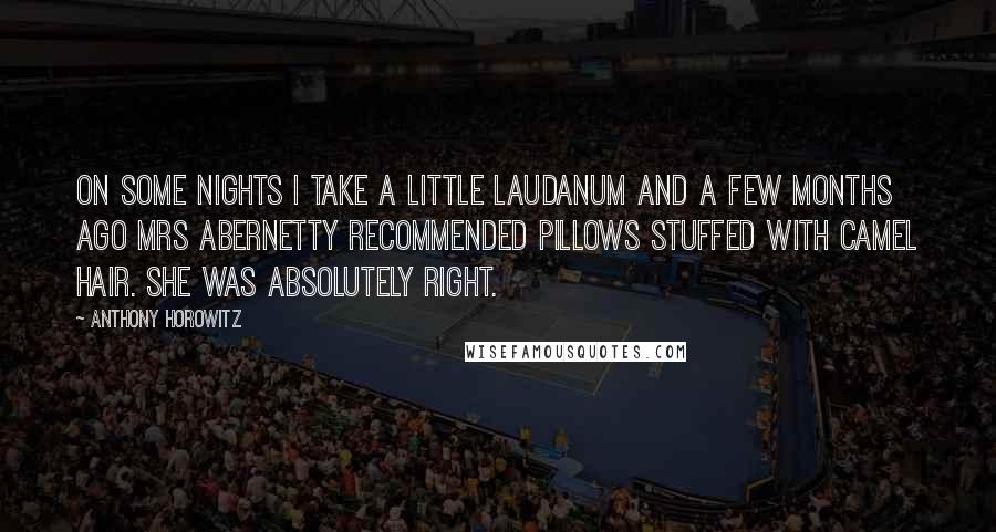 Anthony Horowitz Quotes: On some nights I take a little laudanum and a few months ago Mrs Abernetty recommended pillows stuffed with camel hair. She was absolutely right.