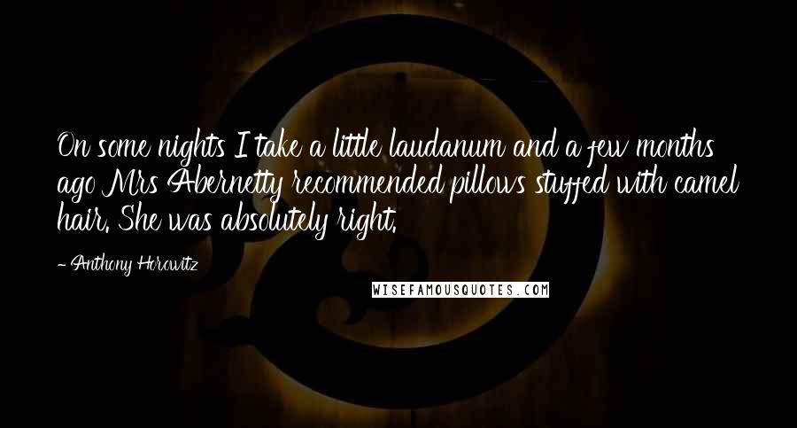 Anthony Horowitz Quotes: On some nights I take a little laudanum and a few months ago Mrs Abernetty recommended pillows stuffed with camel hair. She was absolutely right.