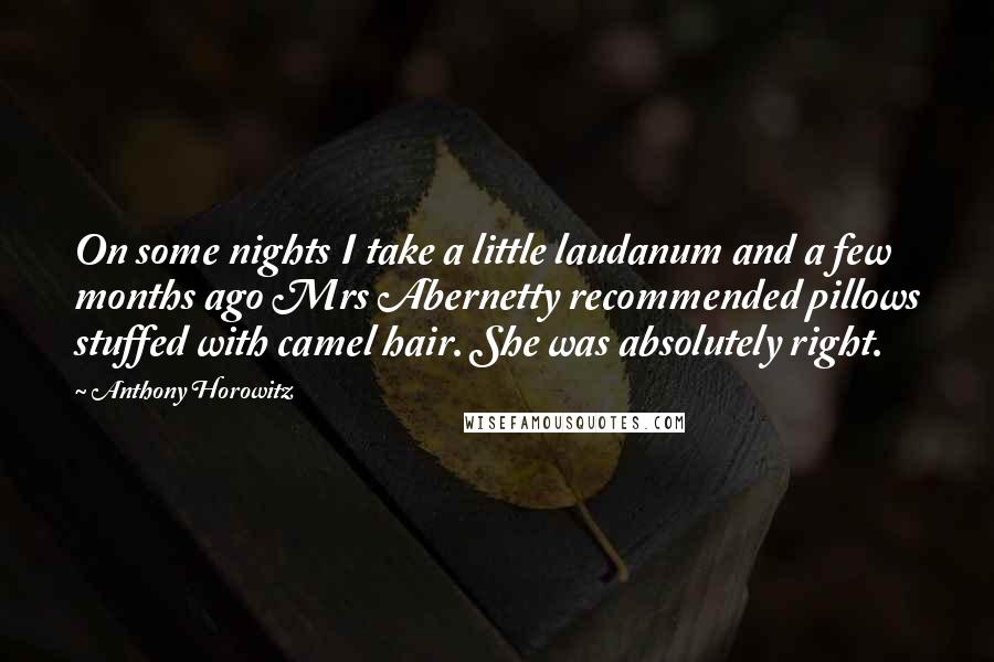 Anthony Horowitz Quotes: On some nights I take a little laudanum and a few months ago Mrs Abernetty recommended pillows stuffed with camel hair. She was absolutely right.