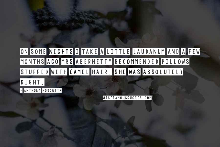 Anthony Horowitz Quotes: On some nights I take a little laudanum and a few months ago Mrs Abernetty recommended pillows stuffed with camel hair. She was absolutely right.