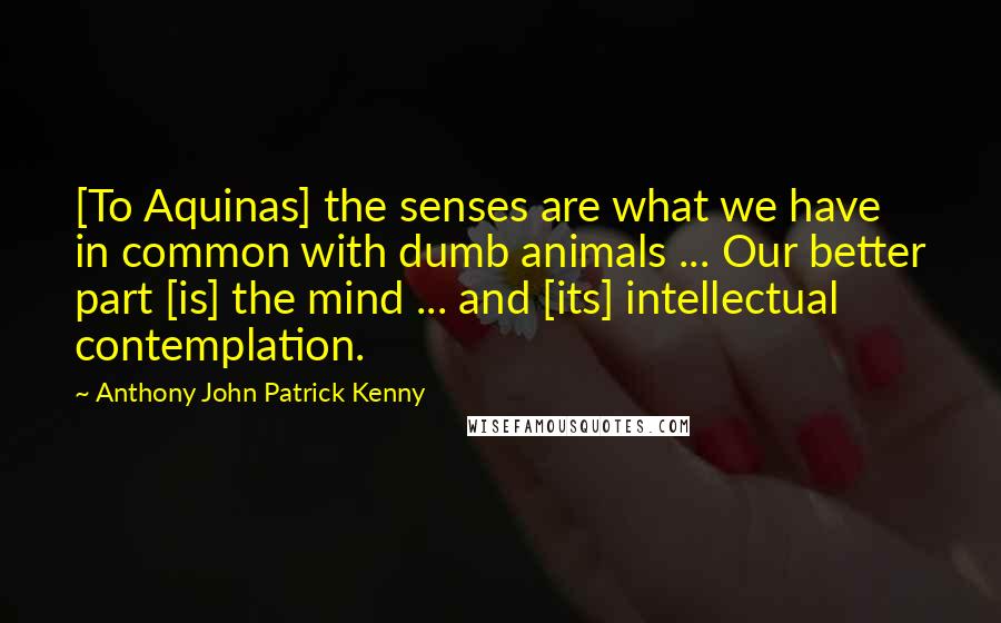 Anthony John Patrick Kenny Quotes: [To Aquinas] the senses are what we have in common with dumb animals ... Our better part [is] the mind ... and [its] intellectual contemplation.