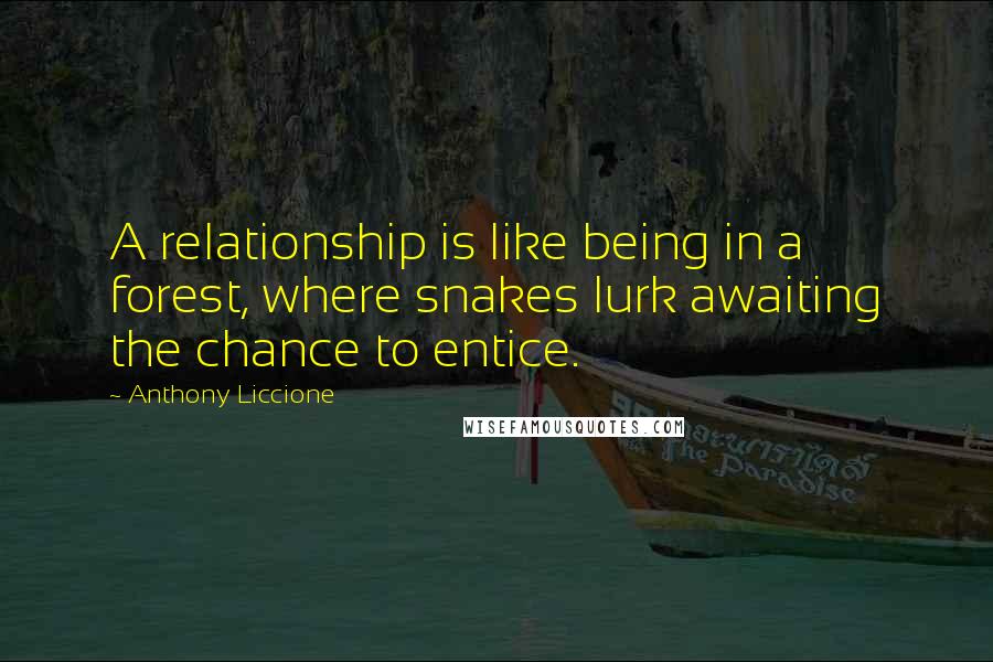 Anthony Liccione Quotes: A relationship is like being in a forest, where snakes lurk awaiting the chance to entice.