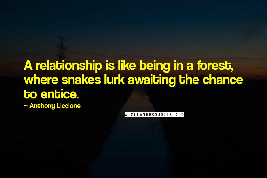 Anthony Liccione Quotes: A relationship is like being in a forest, where snakes lurk awaiting the chance to entice.