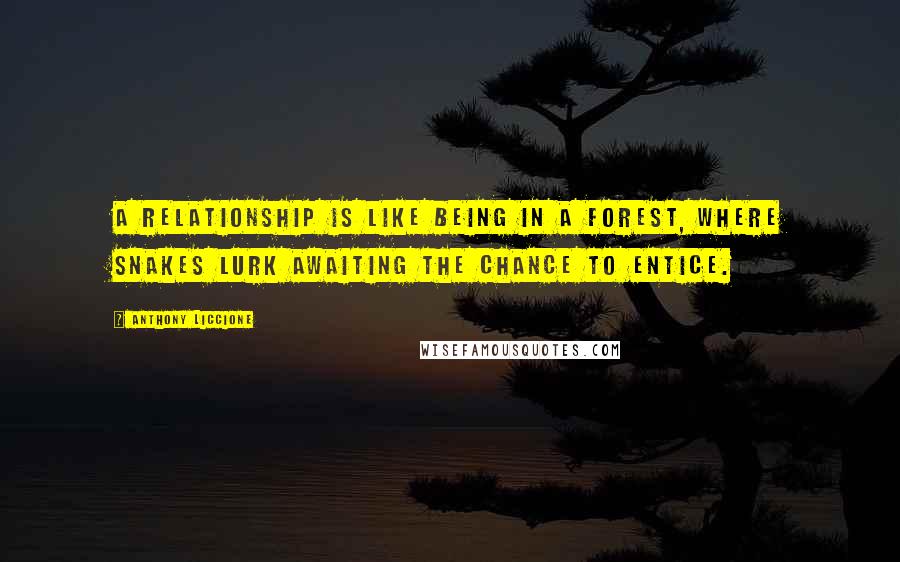 Anthony Liccione Quotes: A relationship is like being in a forest, where snakes lurk awaiting the chance to entice.