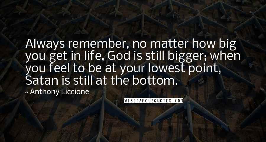 Anthony Liccione Quotes: Always remember, no matter how big you get in life, God is still bigger; when you feel to be at your lowest point, Satan is still at the bottom.