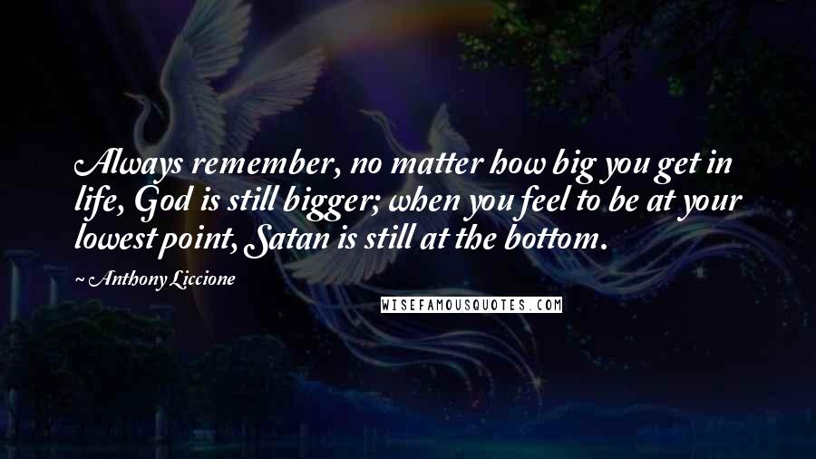 Anthony Liccione Quotes: Always remember, no matter how big you get in life, God is still bigger; when you feel to be at your lowest point, Satan is still at the bottom.