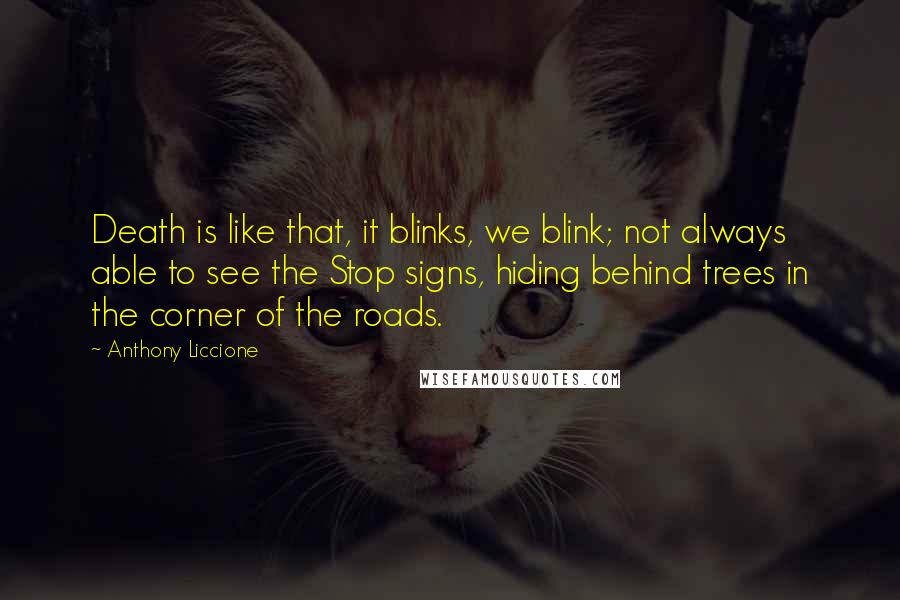 Anthony Liccione Quotes: Death is like that, it blinks, we blink; not always able to see the Stop signs, hiding behind trees in the corner of the roads.