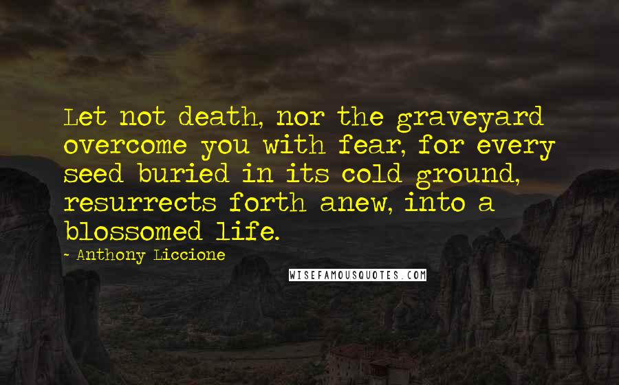 Anthony Liccione Quotes: Let not death, nor the graveyard overcome you with fear, for every seed buried in its cold ground, resurrects forth anew, into a blossomed life.