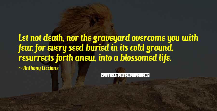 Anthony Liccione Quotes: Let not death, nor the graveyard overcome you with fear, for every seed buried in its cold ground, resurrects forth anew, into a blossomed life.