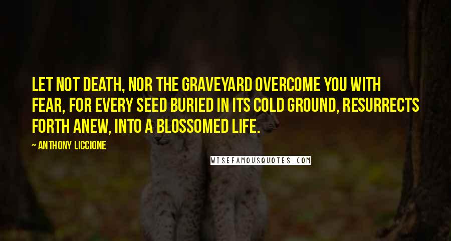 Anthony Liccione Quotes: Let not death, nor the graveyard overcome you with fear, for every seed buried in its cold ground, resurrects forth anew, into a blossomed life.