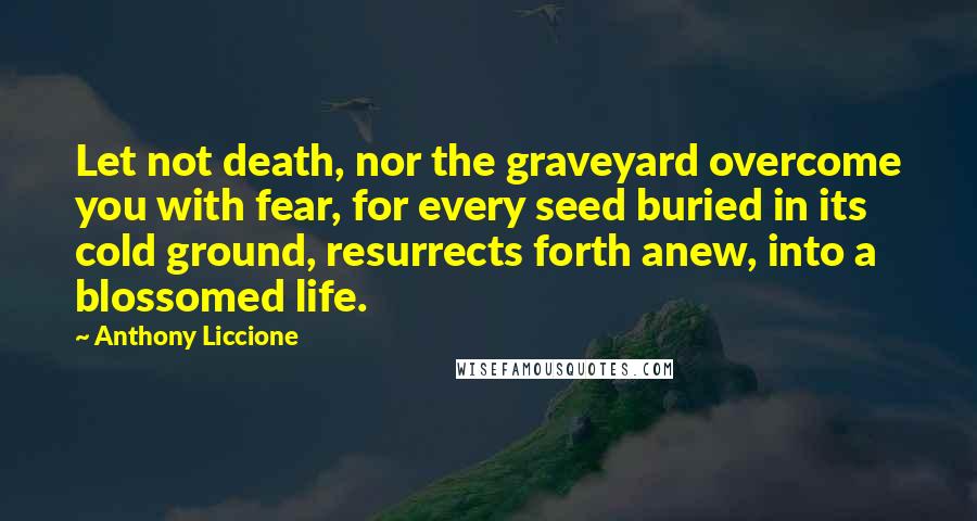 Anthony Liccione Quotes: Let not death, nor the graveyard overcome you with fear, for every seed buried in its cold ground, resurrects forth anew, into a blossomed life.