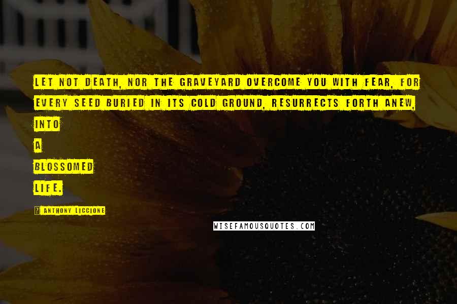 Anthony Liccione Quotes: Let not death, nor the graveyard overcome you with fear, for every seed buried in its cold ground, resurrects forth anew, into a blossomed life.