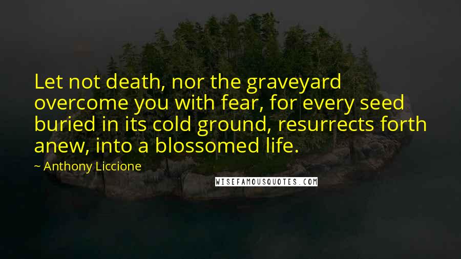 Anthony Liccione Quotes: Let not death, nor the graveyard overcome you with fear, for every seed buried in its cold ground, resurrects forth anew, into a blossomed life.